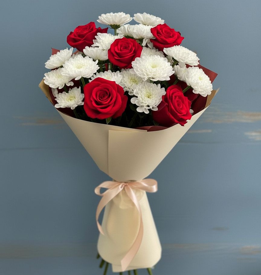 Букет цветов из: Розы и Хризантемы в Курджиново