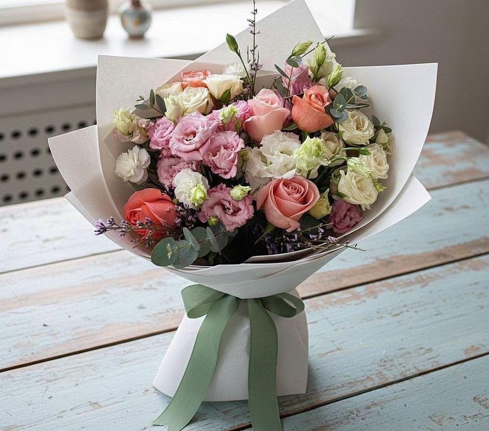 Букет цветов из: Розы, Лизиантусы и Гвоздики в Курджиново