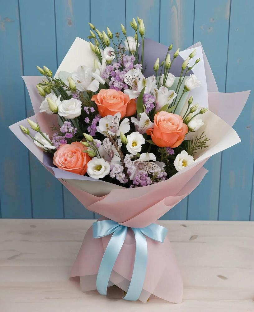 Букет цветов из: Лизиантусы, Розы, Альстромерии и Гипсофила в Курджиново