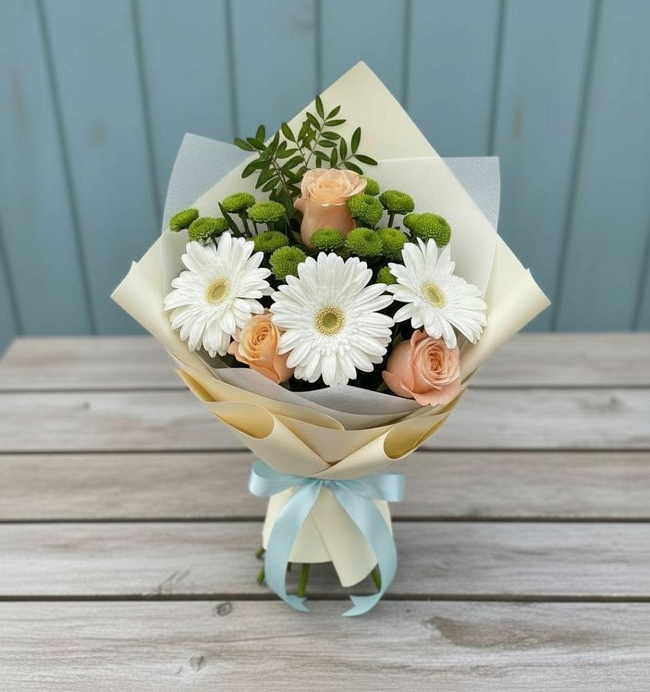Букет цветов из: Герберы, Розы и Хризантемы в Курджиново