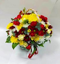 Цветочная композиция из Хризантемы и Розы в корзине в Курджиново