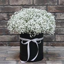 Цветочная композиция из Гипсофила в шляпной коробке в Курджиново