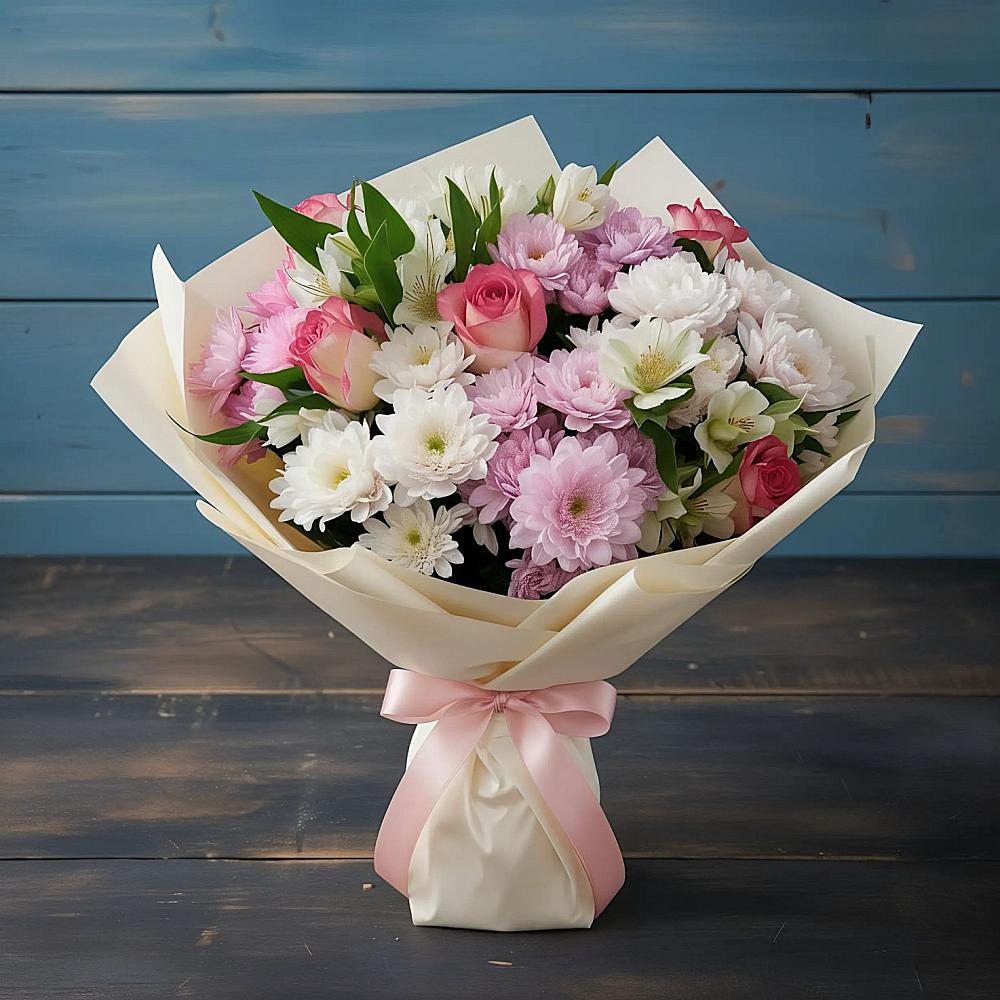 Букет цветов из: Хризантемы, Альстромерии и Розы в Курджиново